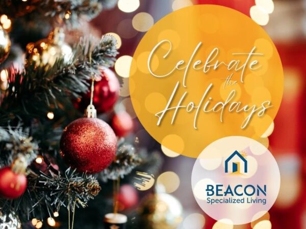 Celebrate the Holidays graphic with xmas tree and beacon logo.