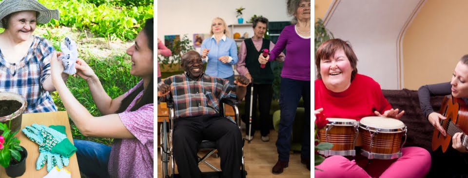 a collage of a caretaker and individual working in a garden, a group of elderly individuals doing exercise, and two individuals playing musical instruments