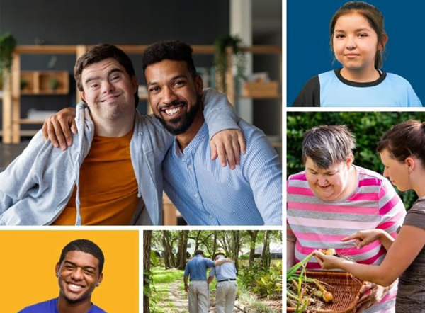 Collage of pictures of people including two friends smiling, young girl smiling, young man smiling, caregiver walking with elderly man, and caregiver and individual harvesting vegetables.