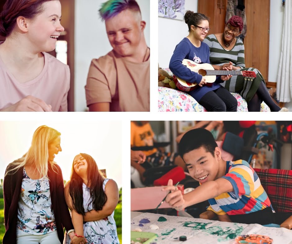 Collage of 2 teens smiling, girl playing guitar on the bed, boy painting at a table, and 2 girls smiling during a sunset.