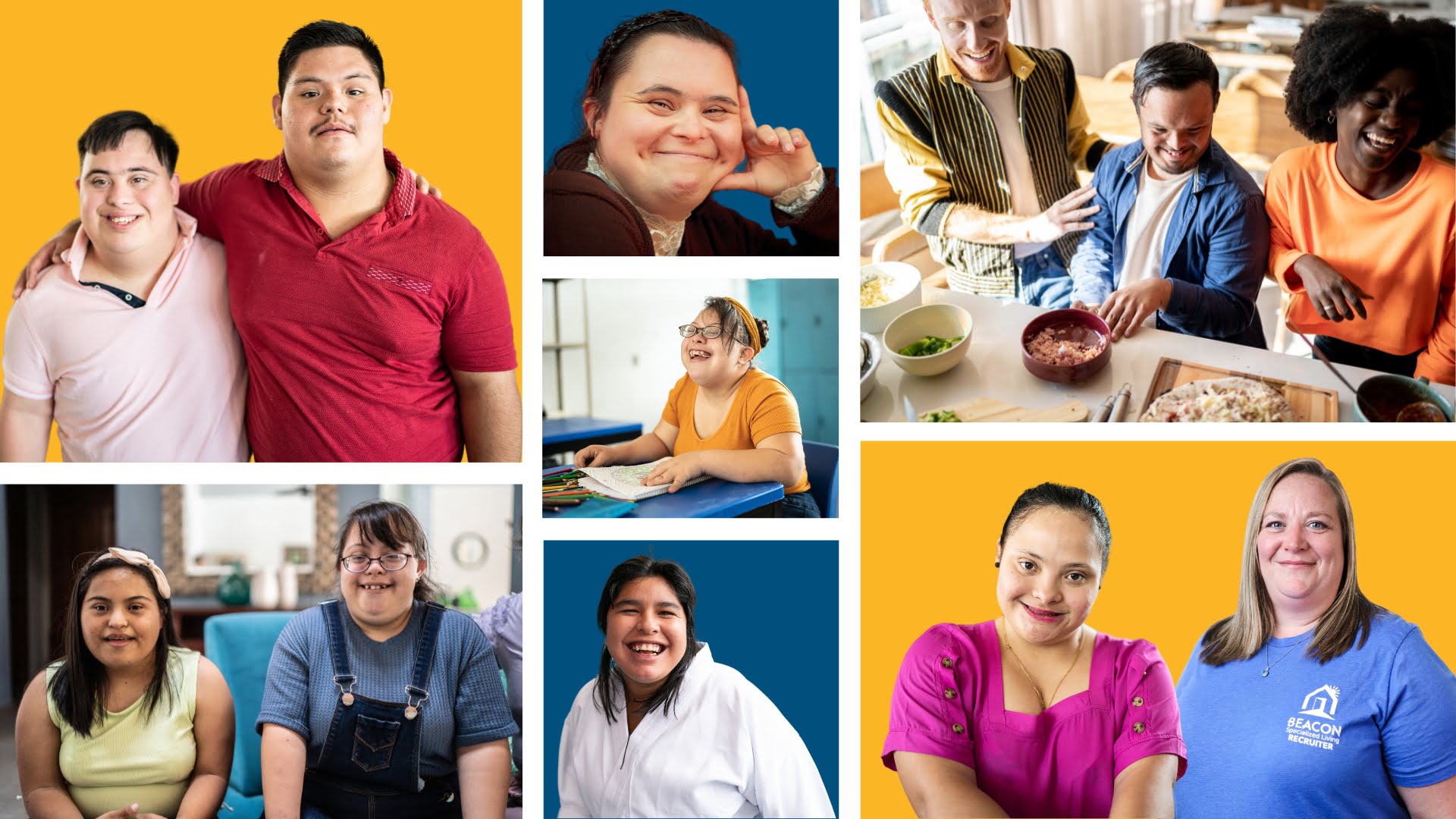 Collage of 2 guys with their arm around each other smiling, woman smiling, group of 3 people cooking, 2 women smiling, girl at school smiling, girl in a coat smiling, and 2 girls smiling.